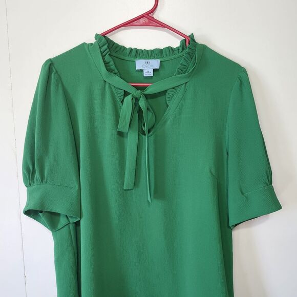CeCe Green Ruffle Tie Neck Blouse Womens Medium Puff Sleeve Lightweight Top - Picture 3 of 8